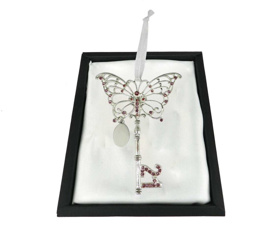 21st key Butterfly Keepsake with Lilac Crystal Stones & Engraving plate