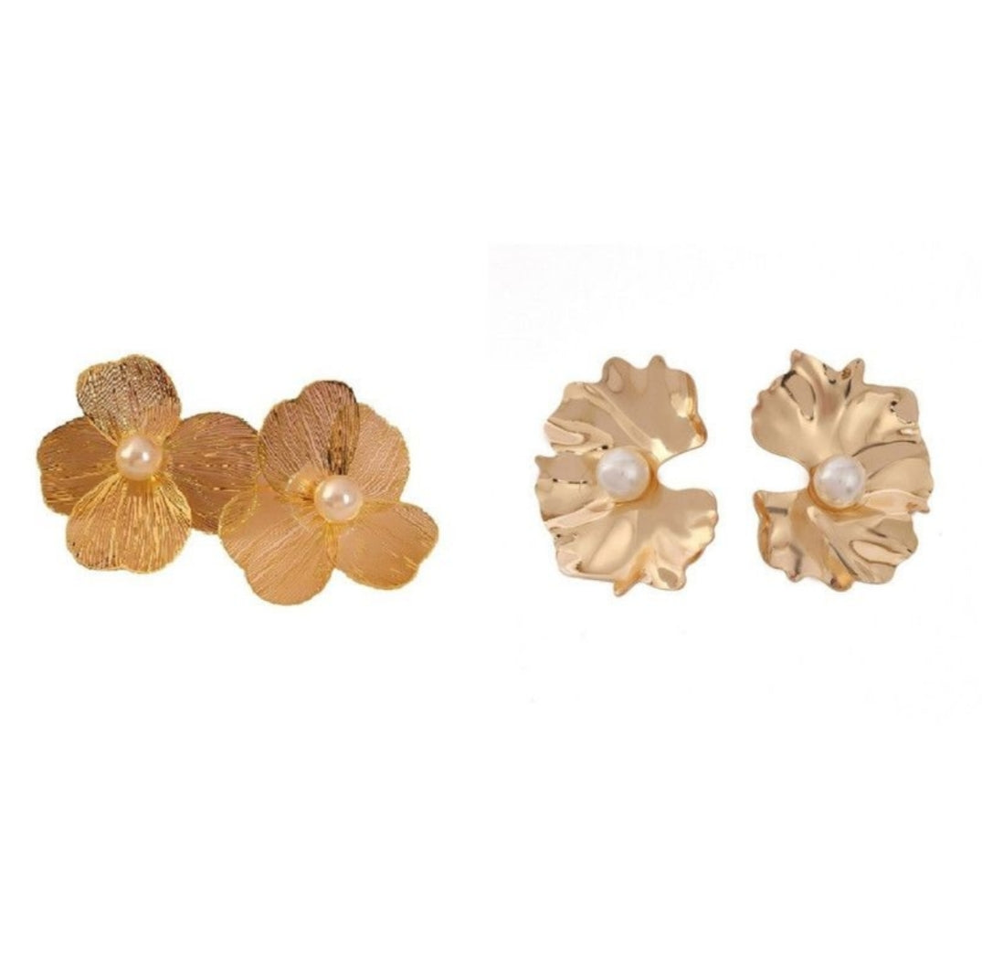 Gold Earrings Set 2 pairs of Ear Vintage Pearl Flowers Women Jewelry Gifts