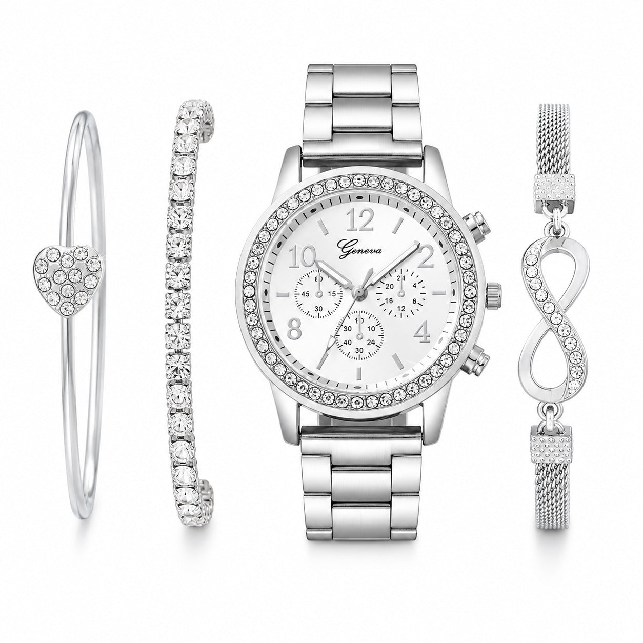 4 Pieces Lady's Silver Stainless Steel Strap Classic Quartz Watch Jewelry Set