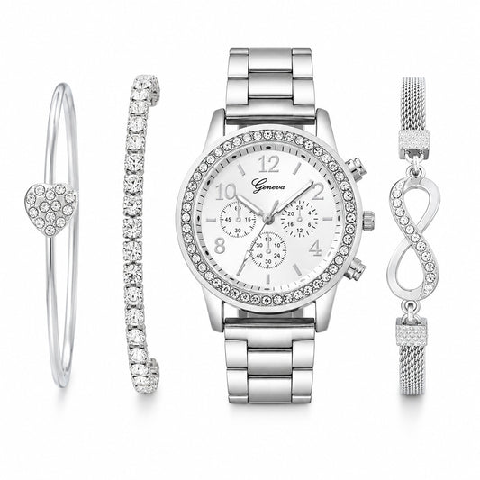 4 Pieces Lady's Silver Stainless Steel Strap Classic Quartz Watch Jewelry Set