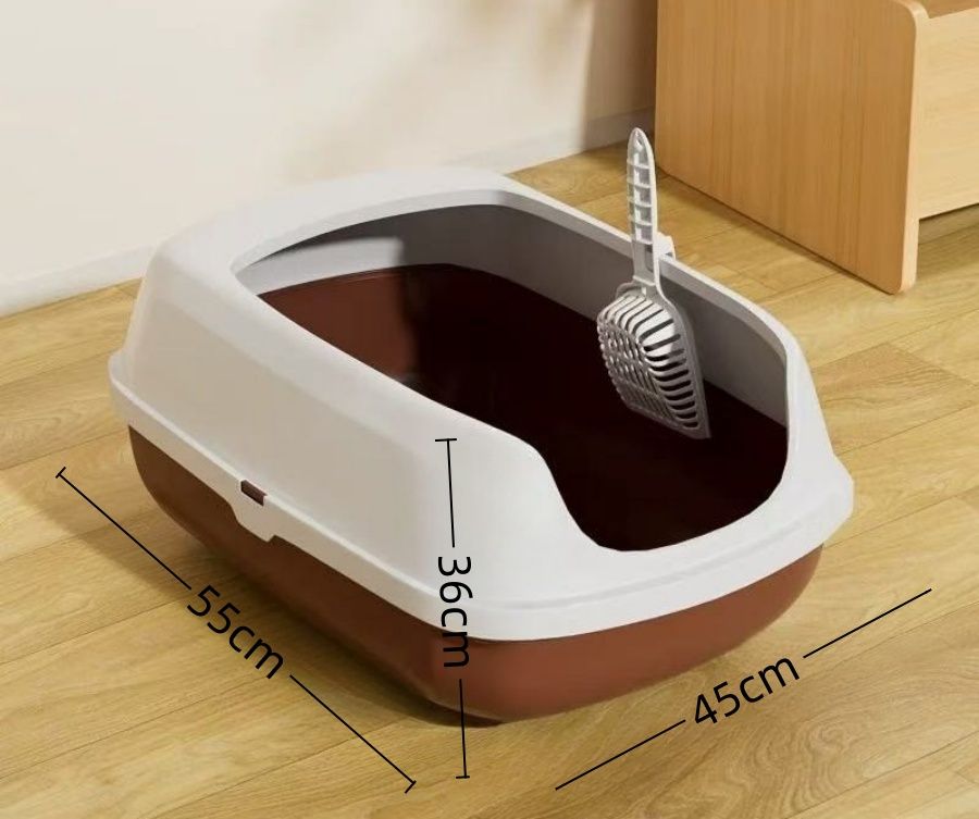 Large Cat Litter Box with Scoop Open Top Cat Potty Pan Anti-Splashing-Brown