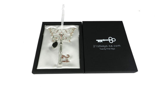 21st key Butterfly Keepsake with Lilac Crystal Stones & Engraving plate